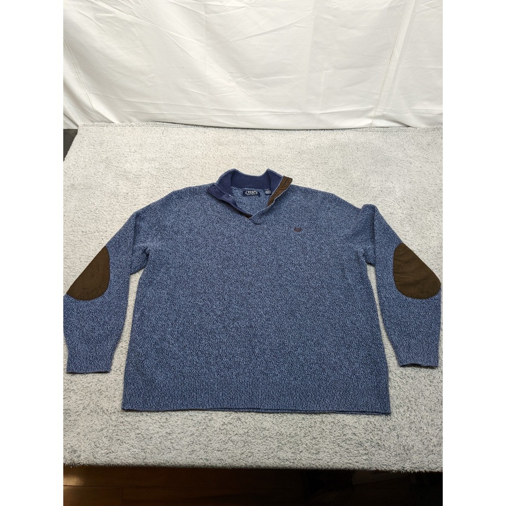 Chaps Heavy Henley Sweater Heathered‎ Blue Mens XL Elbow Patches Retro Y2K NICE!
